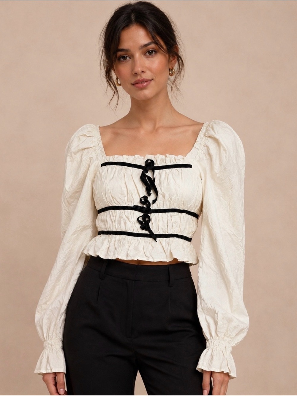 Coquette Cream & Black Corset Lace-Up Puff Sleeve Crop Top Size Small